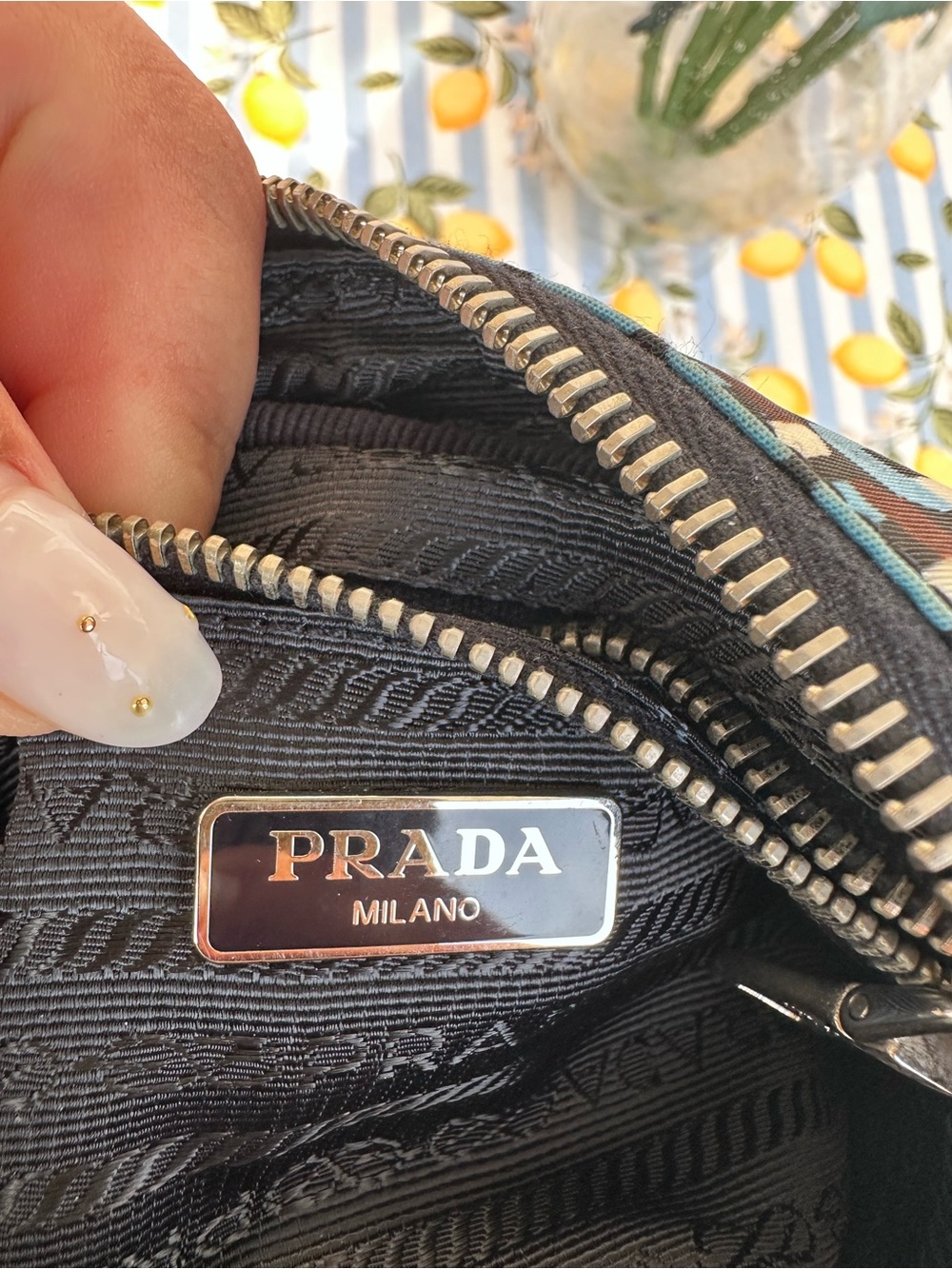 PRADA Blue & Brown Geometric Nylon Wristlet - Picture 11 of 11